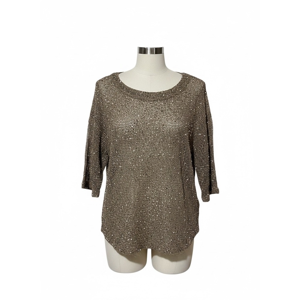 Lulu-B Womens Large Taupe Brown Open Knit Mesh 3/4 Sleeve‎ Sweater Top Speckled
